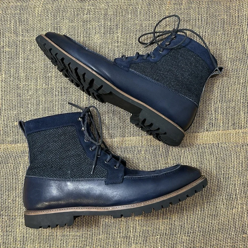 La Milano Hearth Mens Navy Leather Suede Herringbone Lace Up Boots 8521145K 12